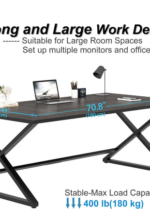 Long Computer Desk, 70.8” Large Work Desk for Home Office, Wood Metal Writing Desk Executive Workstation for Bedroom, Industrial PC Gaming Desk Computer Table for 2 Monitors, Dark Gray Oak-1