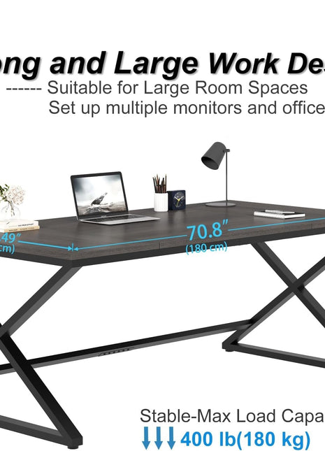 Long Computer Desk, 70.8” Large Work Desk for Home Office, Wood Metal Writing Desk Executive Workstation for Bedroom, Industrial PC Gaming Desk Computer Table for 2 Monitors, Dark Gray Oak-1