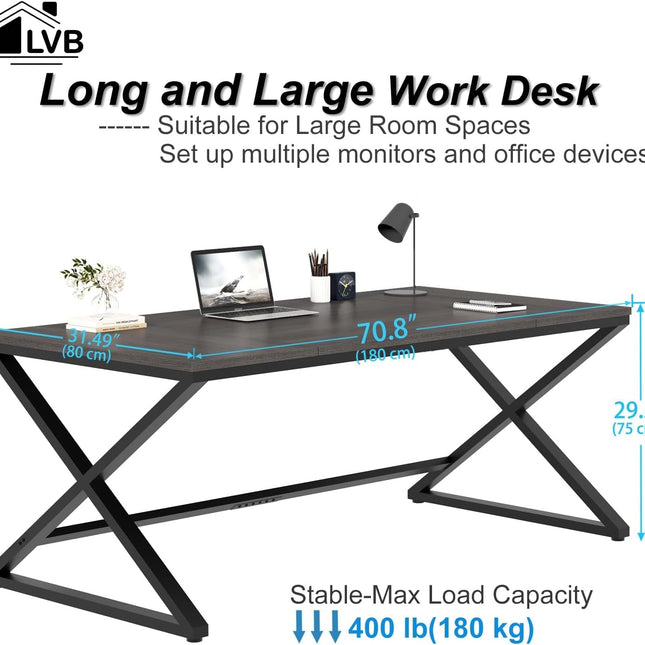 Long Computer Desk, 70.8” Large Work Desk for Home Office, Wood Metal Writing Desk Executive Workstation for Bedroom, Industrial PC Gaming Desk Computer Table for 2 Monitors, Dark Gray Oak-1