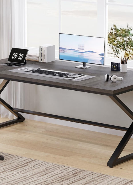 Long Computer Desk, 70.8” Large Work Desk for Home Office, Wood Metal Writing Desk Executive Workstation for Bedroom, Industrial PC Gaming Desk Computer Table for 2 Monitors, Dark Gray Oak-0
