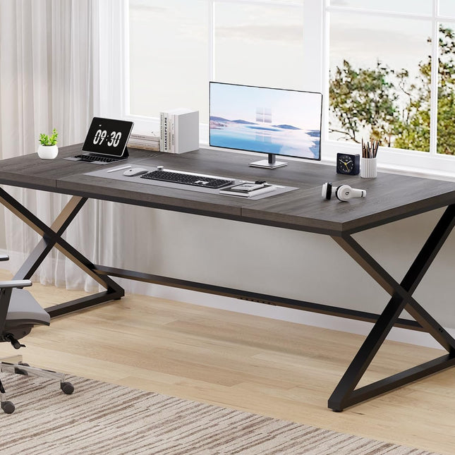 Long Computer Desk, 70.8” Large Work Desk for Home Office, Wood Metal Writing Desk Executive Workstation for Bedroom, Industrial PC Gaming Desk Computer Table for 2 Monitors, Dark Gray Oak-0