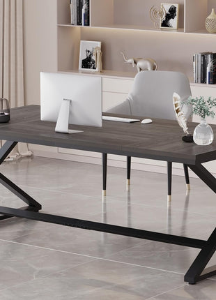 Long Computer Desk, 70.8” Large Work Desk for Home Office, Wood Metal Writing Desk Executive Workstation for Bedroom, Industrial PC Gaming Desk Computer Table for 2 Monitors, Dark Gray Oak-2
