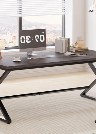 Long Computer Desk, 70.8” Large Work Desk for Home Office, Wood Metal Writing Desk Executive Workstation for Bedroom, Industrial PC Gaming Desk Computer Table for 2 Monitors, Dark Gray Oak-4