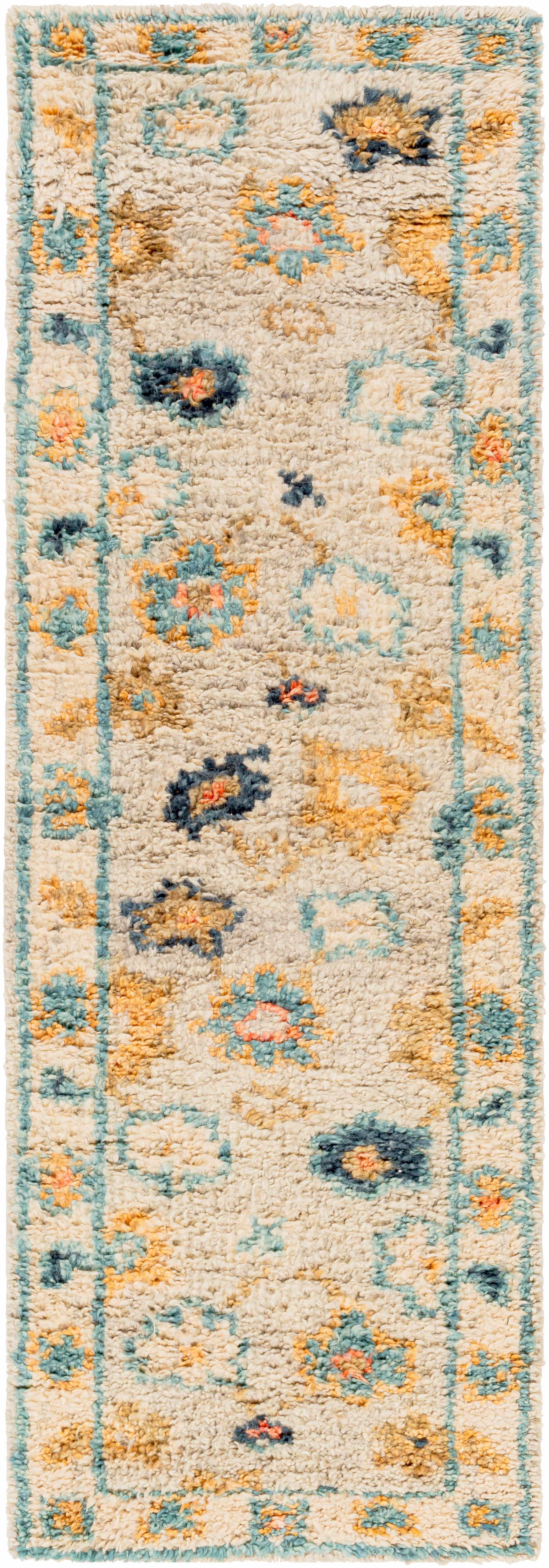 Decorative runner rug with floral pattern in beige, blue, and orange on a plain background