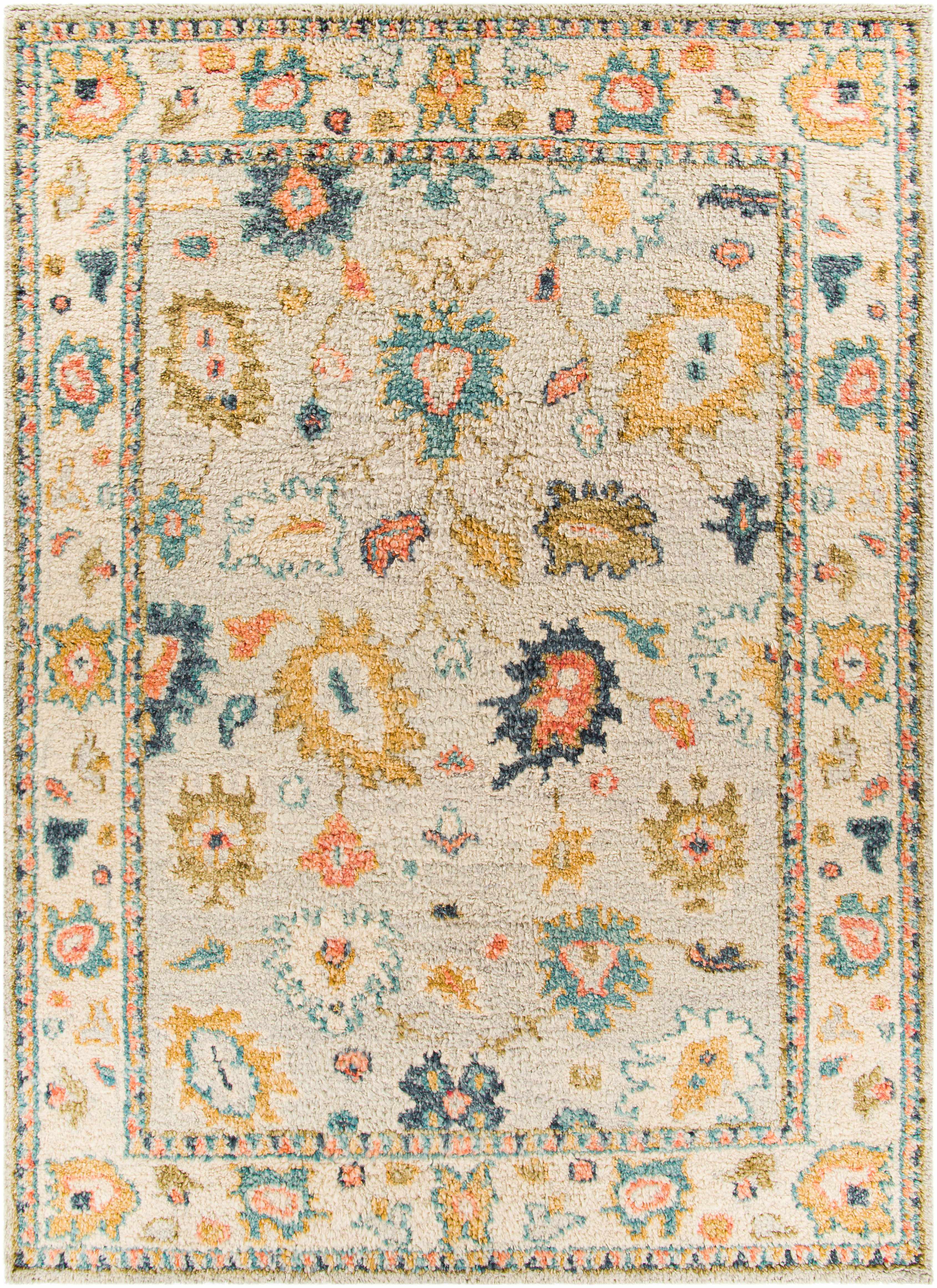 Decorative rug with floral and geometric patterns in multicolor on a beige background