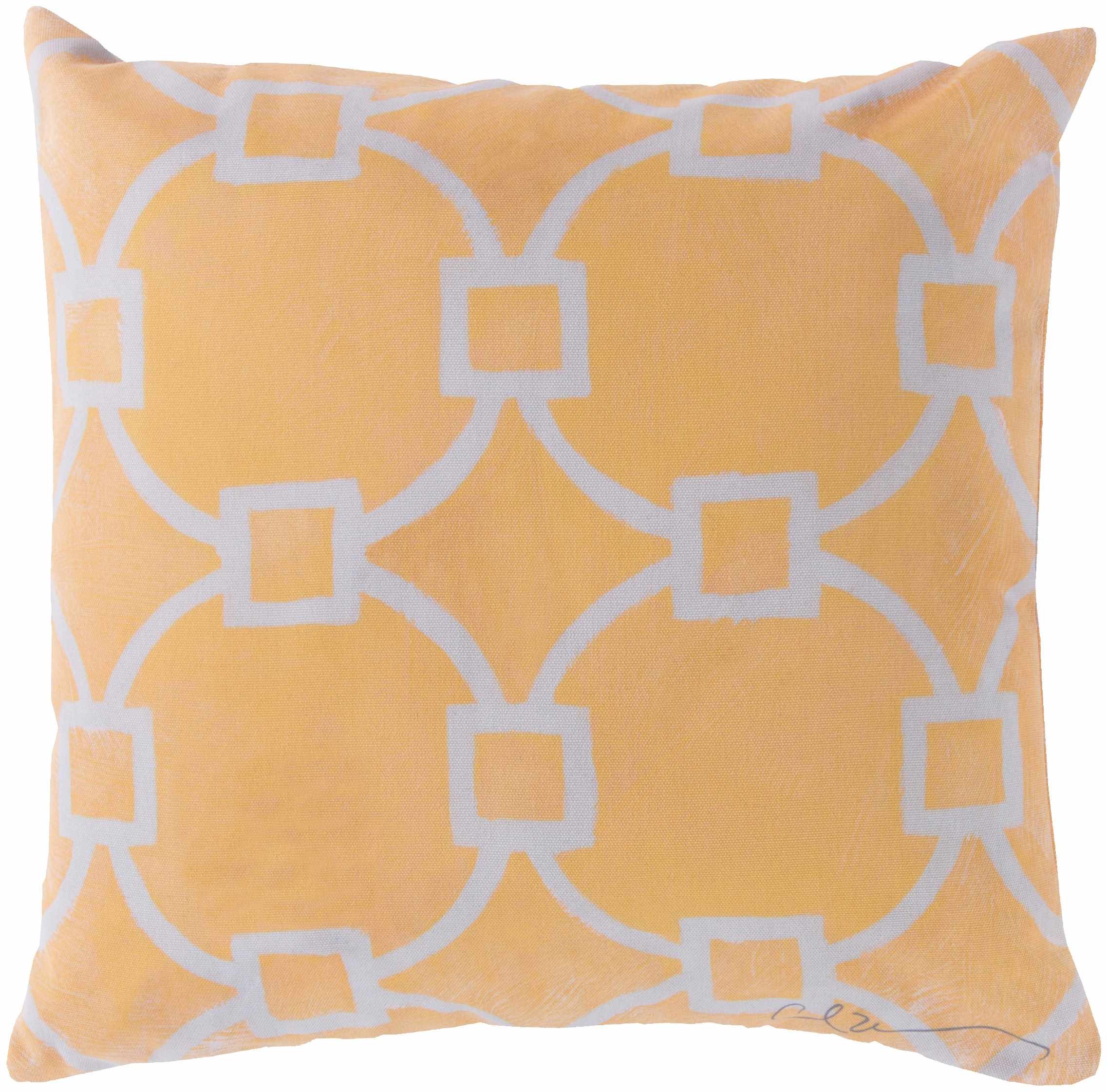Yellow pillow with geometric pattern on a white background