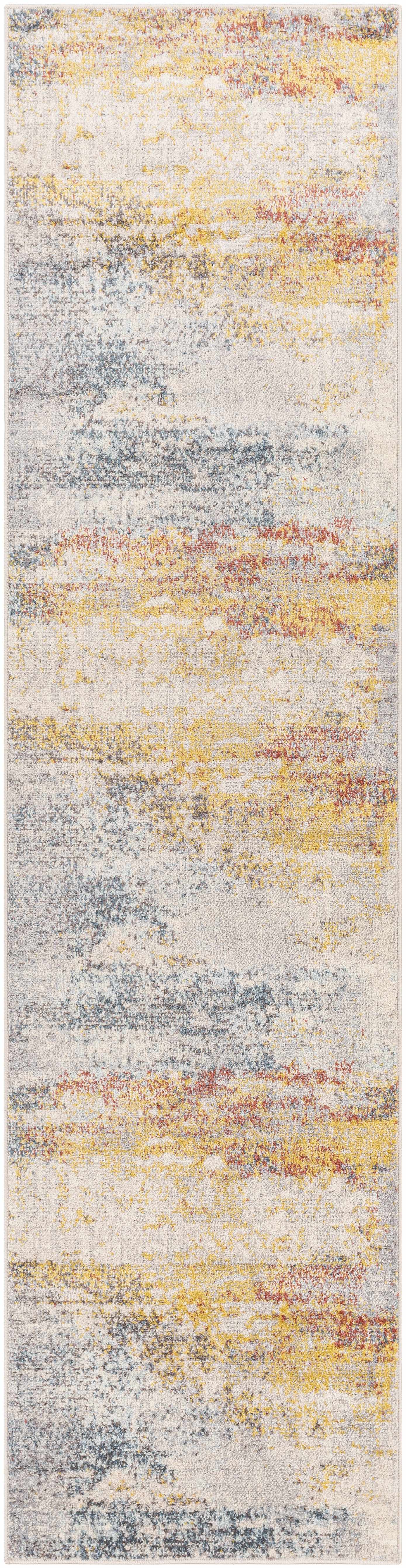 Colorful abstract patterned rug with a gradient of yellow, blue, and gray.