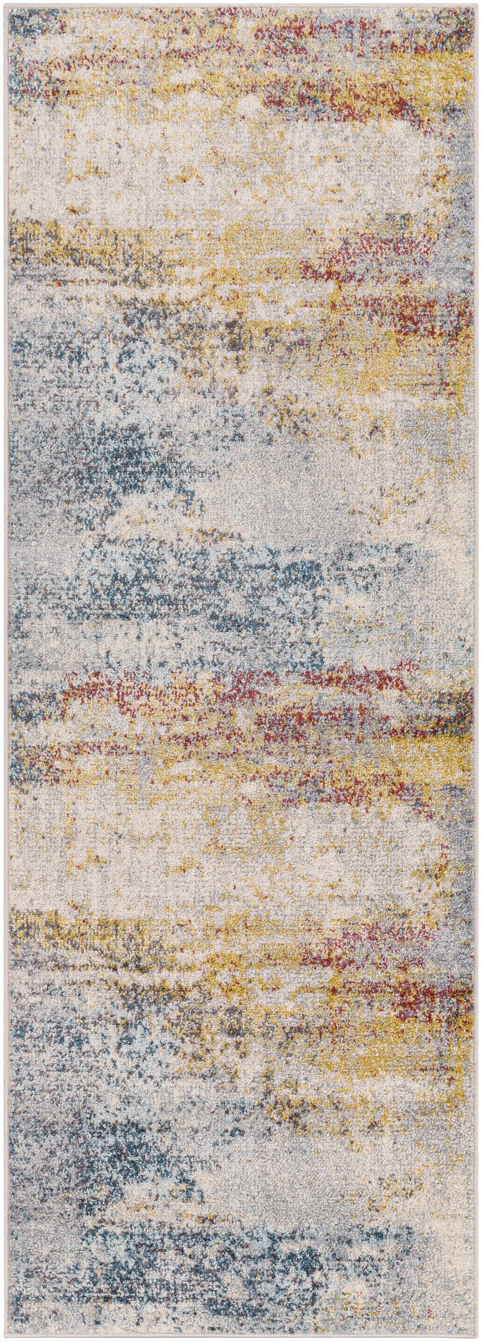 Multicolored abstract patterned rug with shades of blue, yellow, and gray.