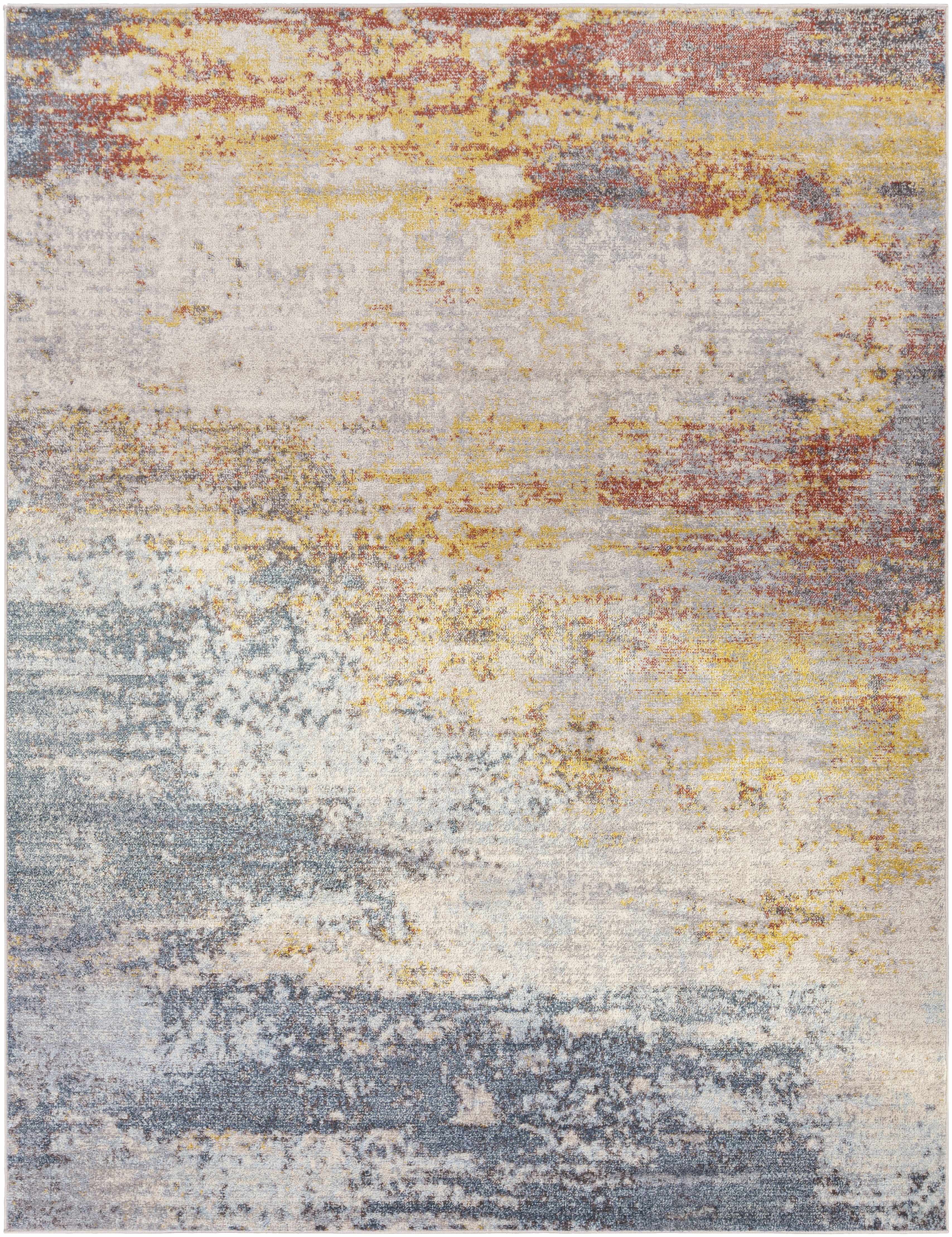 Multicolored abstract patterned rug with shades of yellow, blue, and gray.