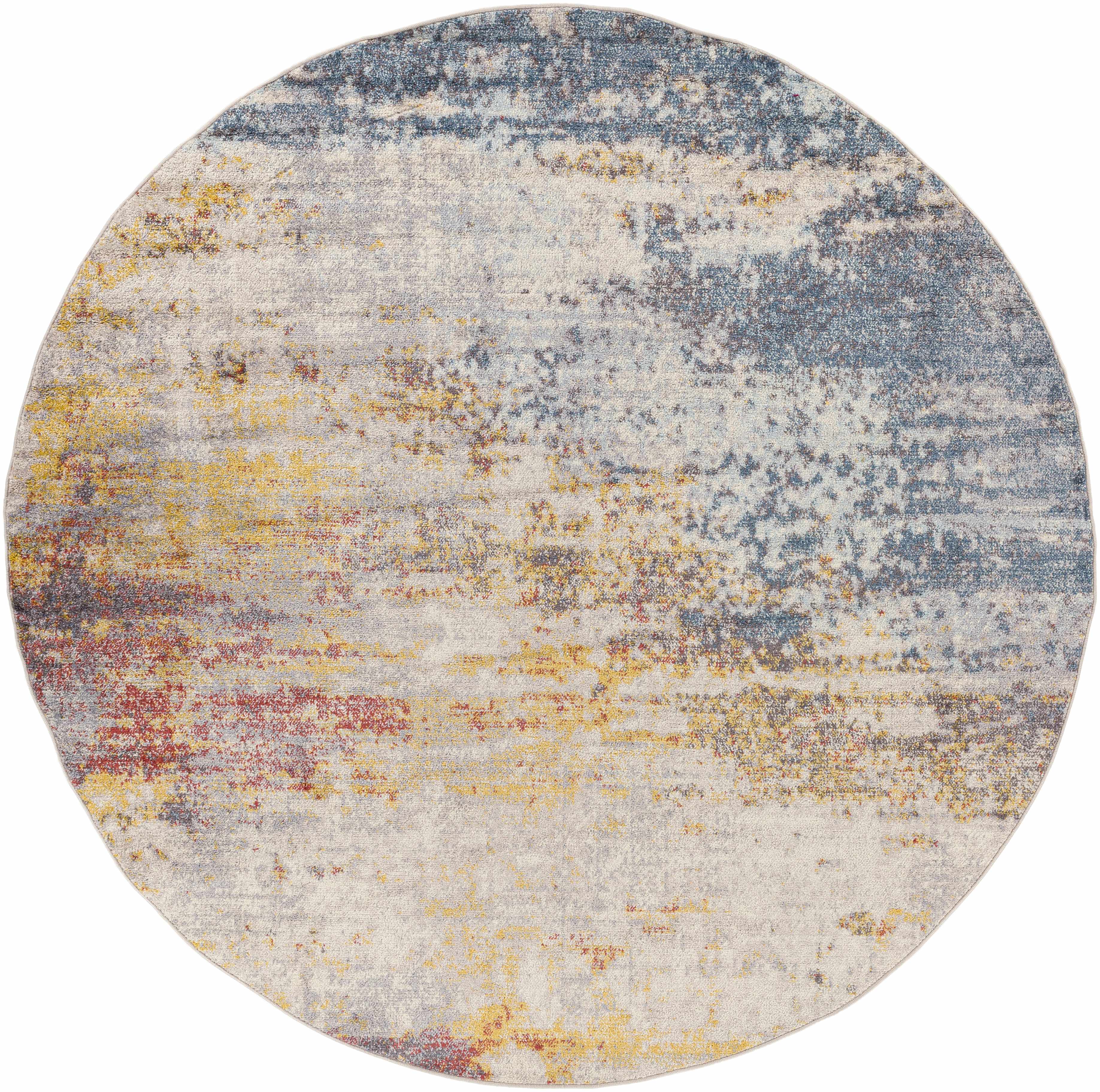 Round area rug with multicolor pattern on a white background