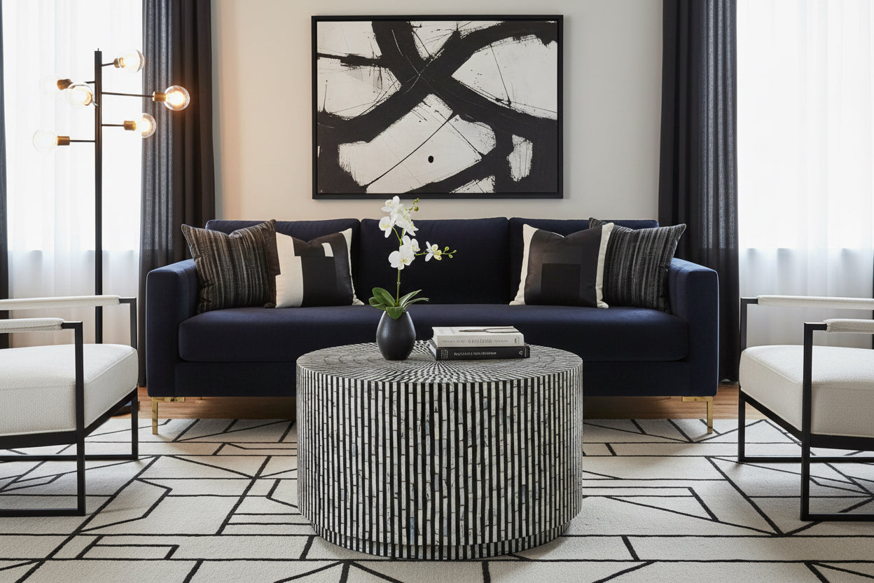 Round ottoman with a black and white striped pattern on a white background