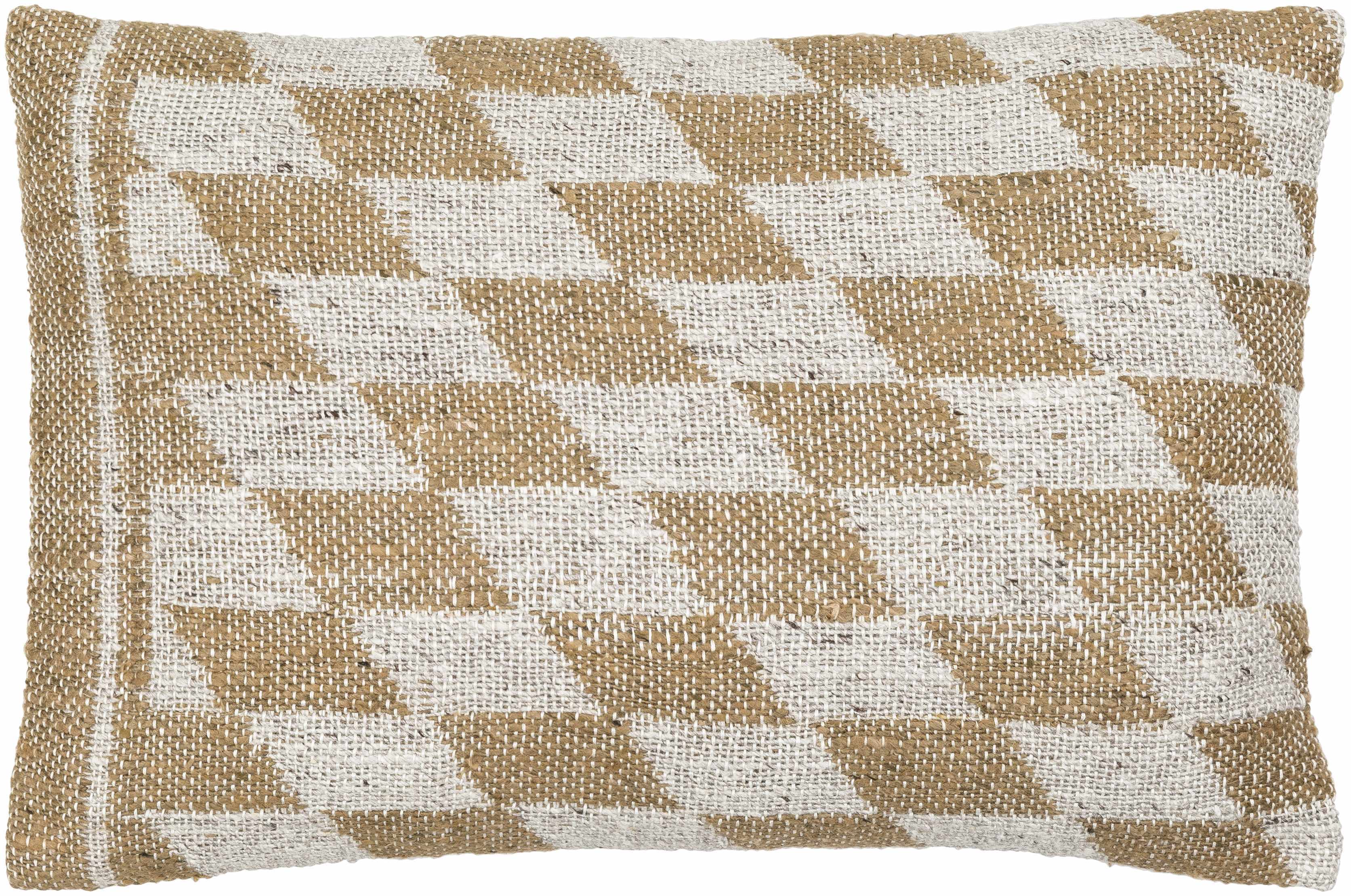 Decorative pillow with a geometric pattern in beige and white on a plain background