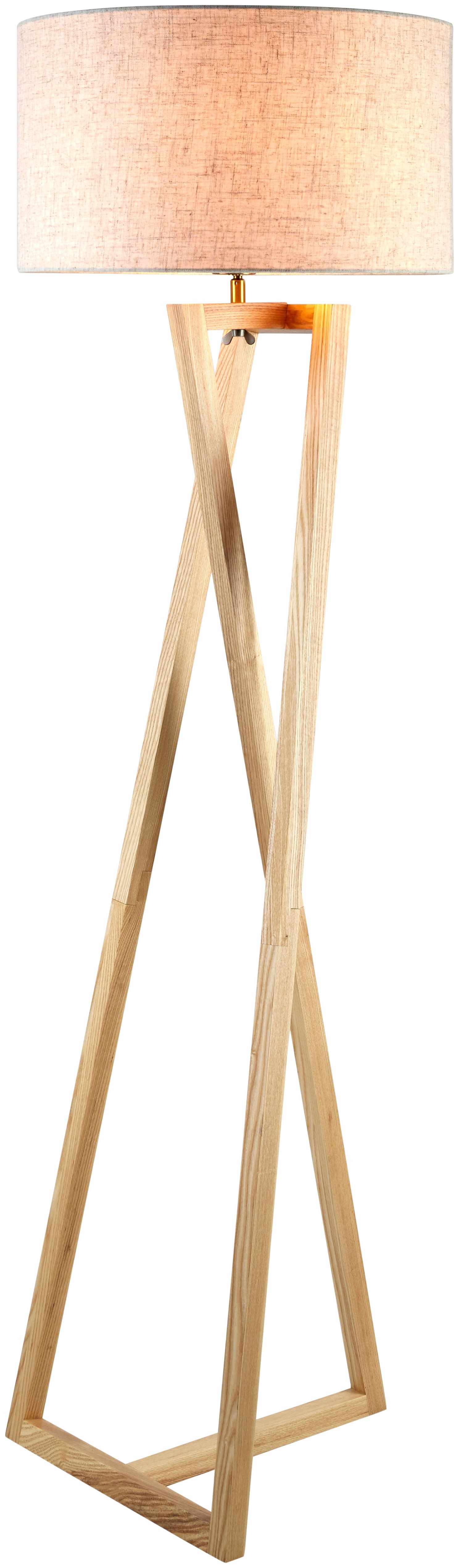 Wooden floor lamp with a beige lampshade on a white background