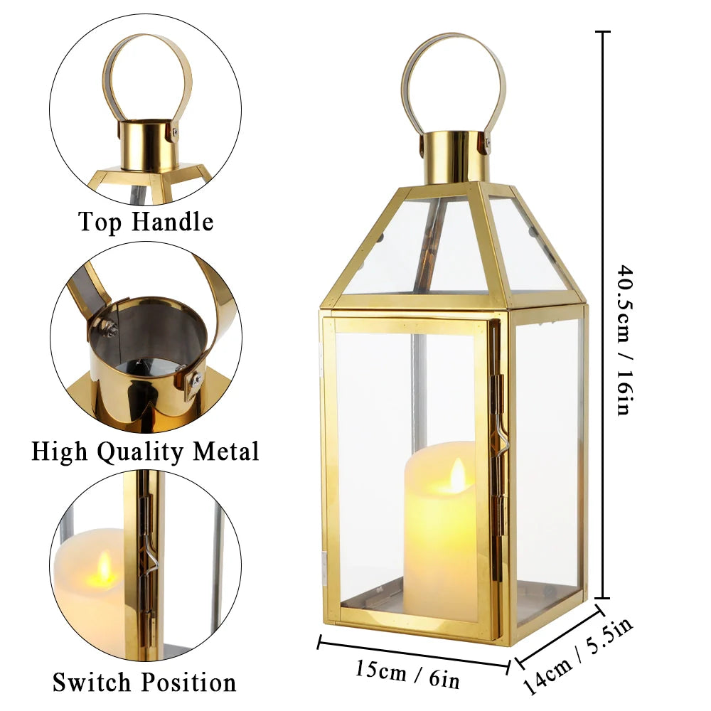 Gold lantern with clear glass panels, top handle, high-quality metal construction, and switch position labeled.