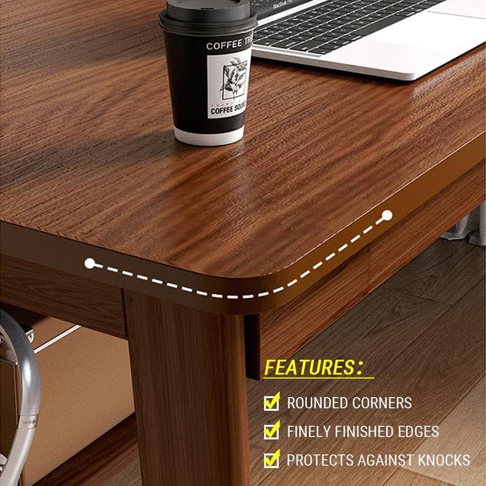 Wooden desk with a coffee cup and laptop, featuring rounded corners and finely finished edges.