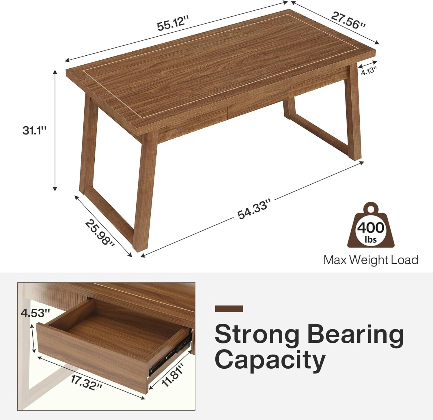 Wooden table with dimensions and weight capacity label on a white background