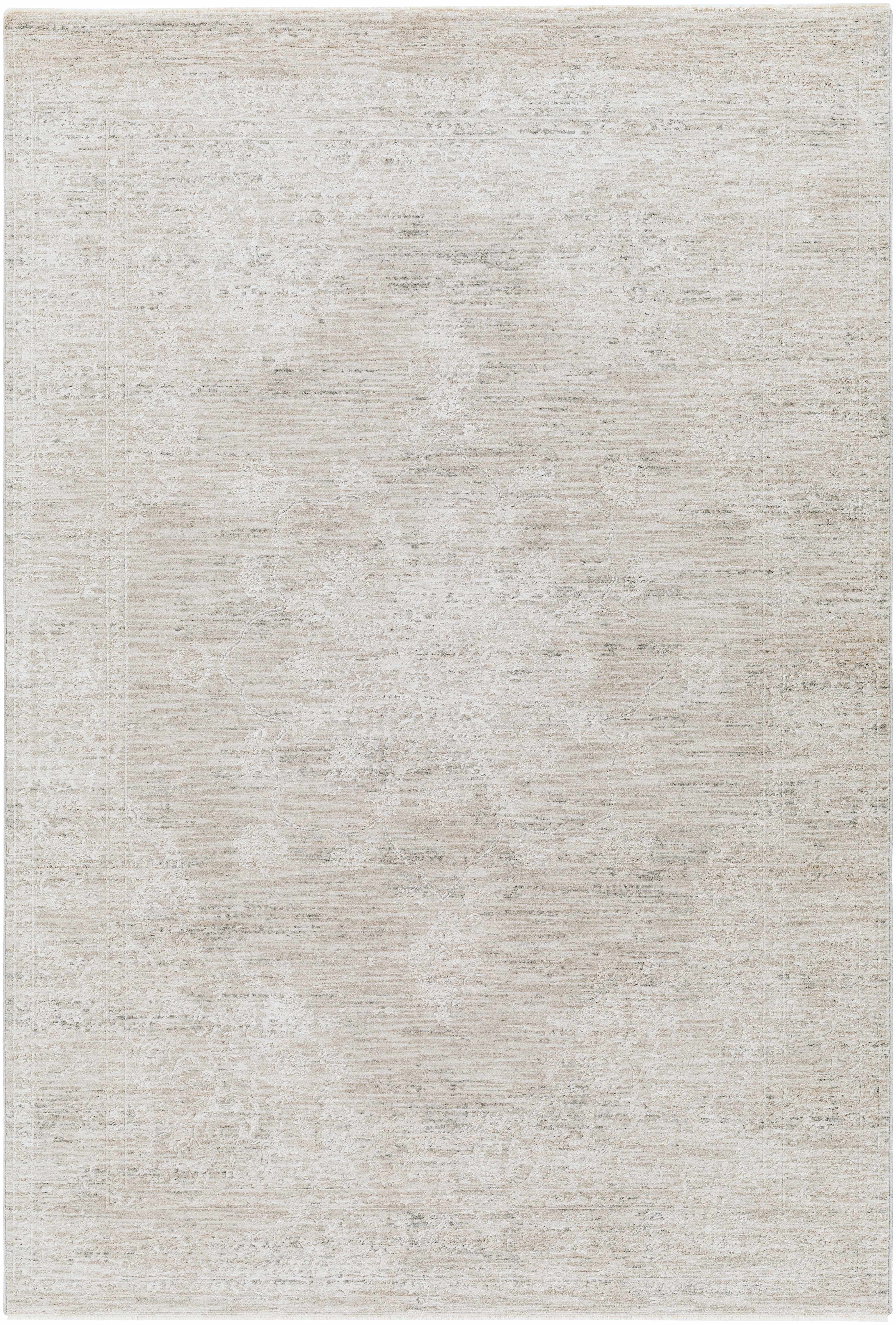 Textured beige rug with a subtle pattern on a plain background