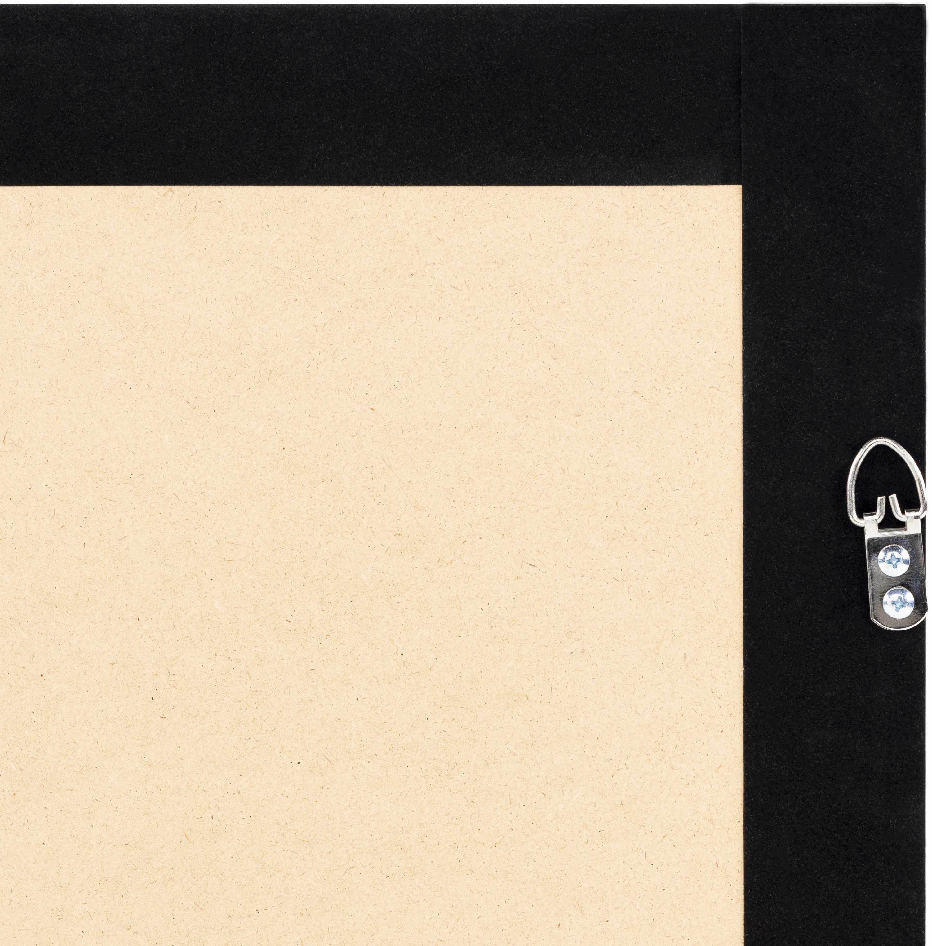 Beige fabric with a black border and metal clip on the corner