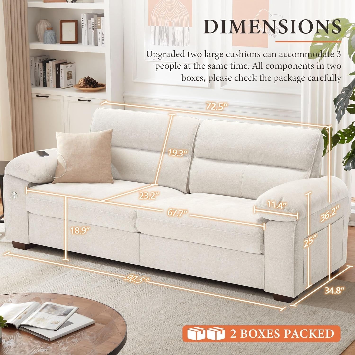 Modern 90.5 Inch Chenille Sofa With USB Charging-1