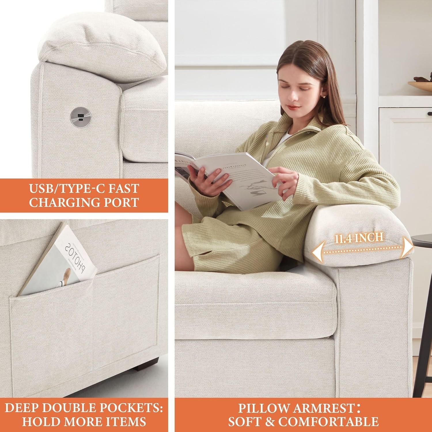 Modern 90.5 Inch Chenille Sofa With USB Charging-3