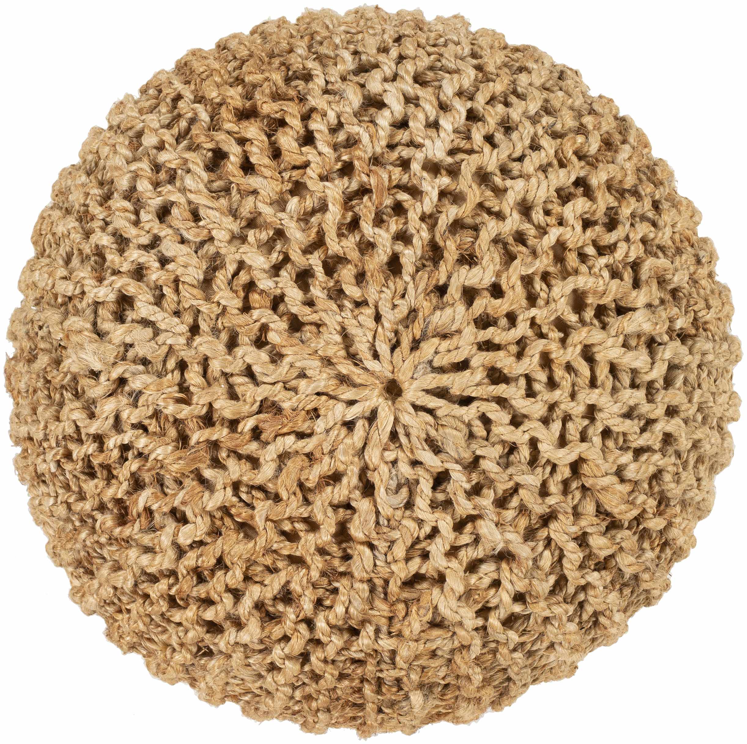 Round woven beige ottoman on a white background