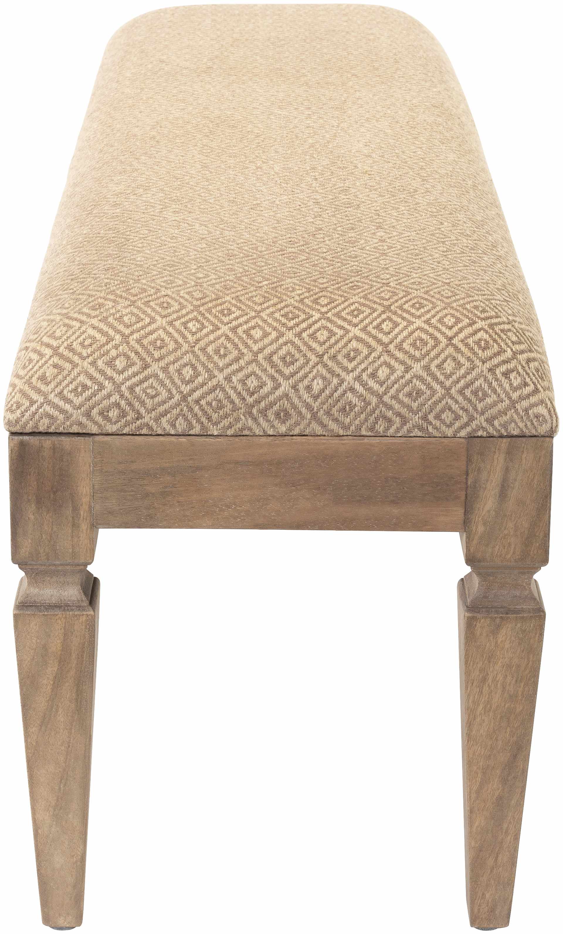 Wooden stool with a patterned beige cushion on a white background