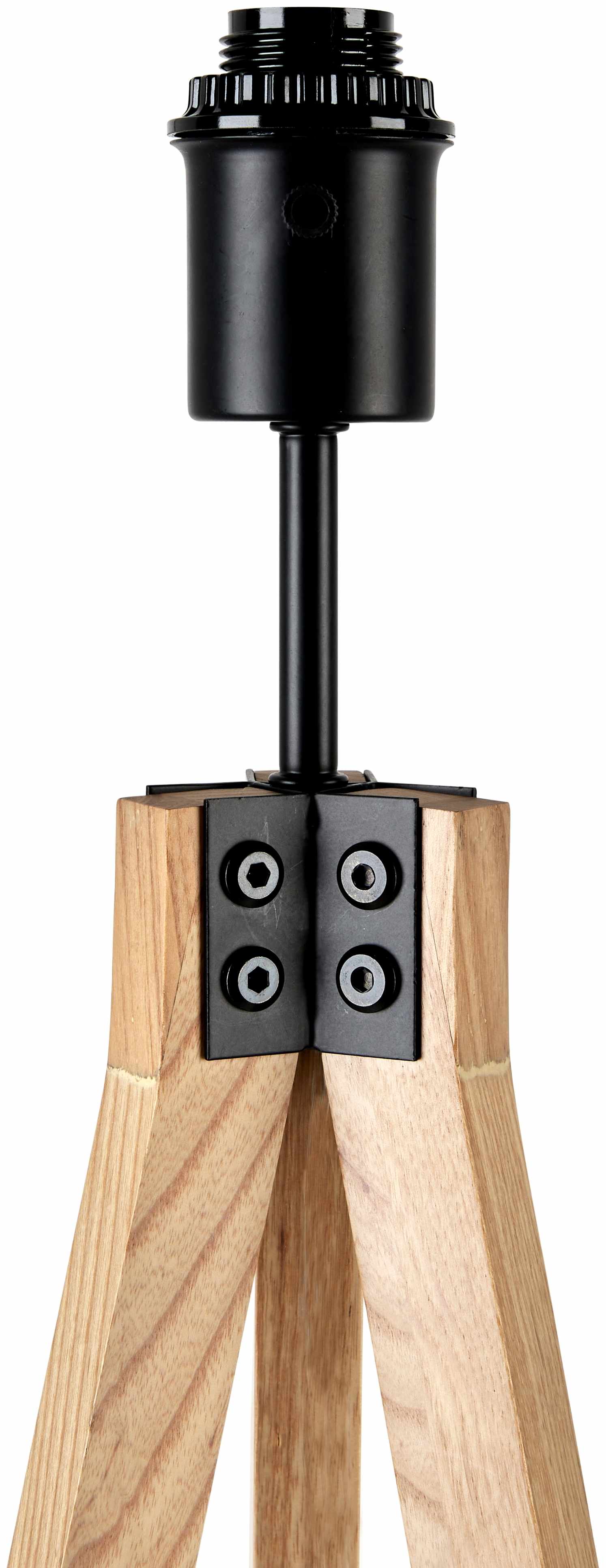 Wooden lamp stand with black metal fitting on a white background
