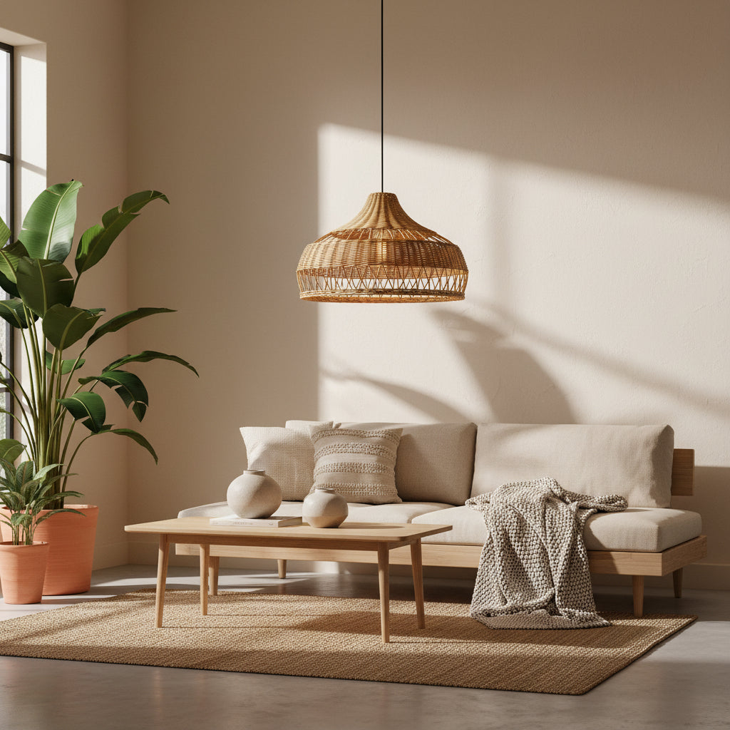 Wicker pendant light on a white background