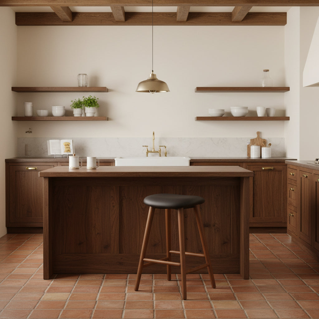 Wooden bar stool with black seat in a warm-toned room.