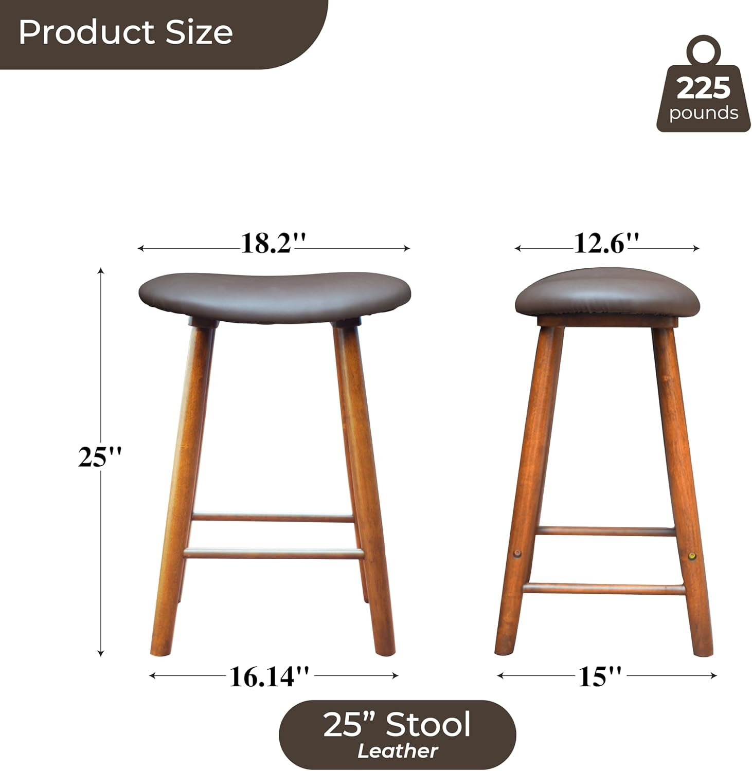 Measurement chart of a 25-inch stool with dimensions and weight capacity displayed.