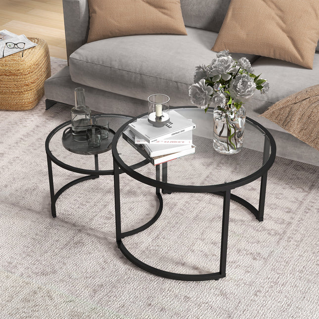 Glass Coffee Table Set of 2, Round Nest of Tables w/ Tempered Glass Tabletop, Steel Frame, Modern Side Tables for Living Room, Black | HOMCOM-5