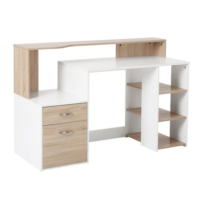 Computer Desk PC Table Modern Home Office Writing Workstation Furniture Printer Shelf Rack w/ Storage Drawer & Shelves (Oak and white)-1