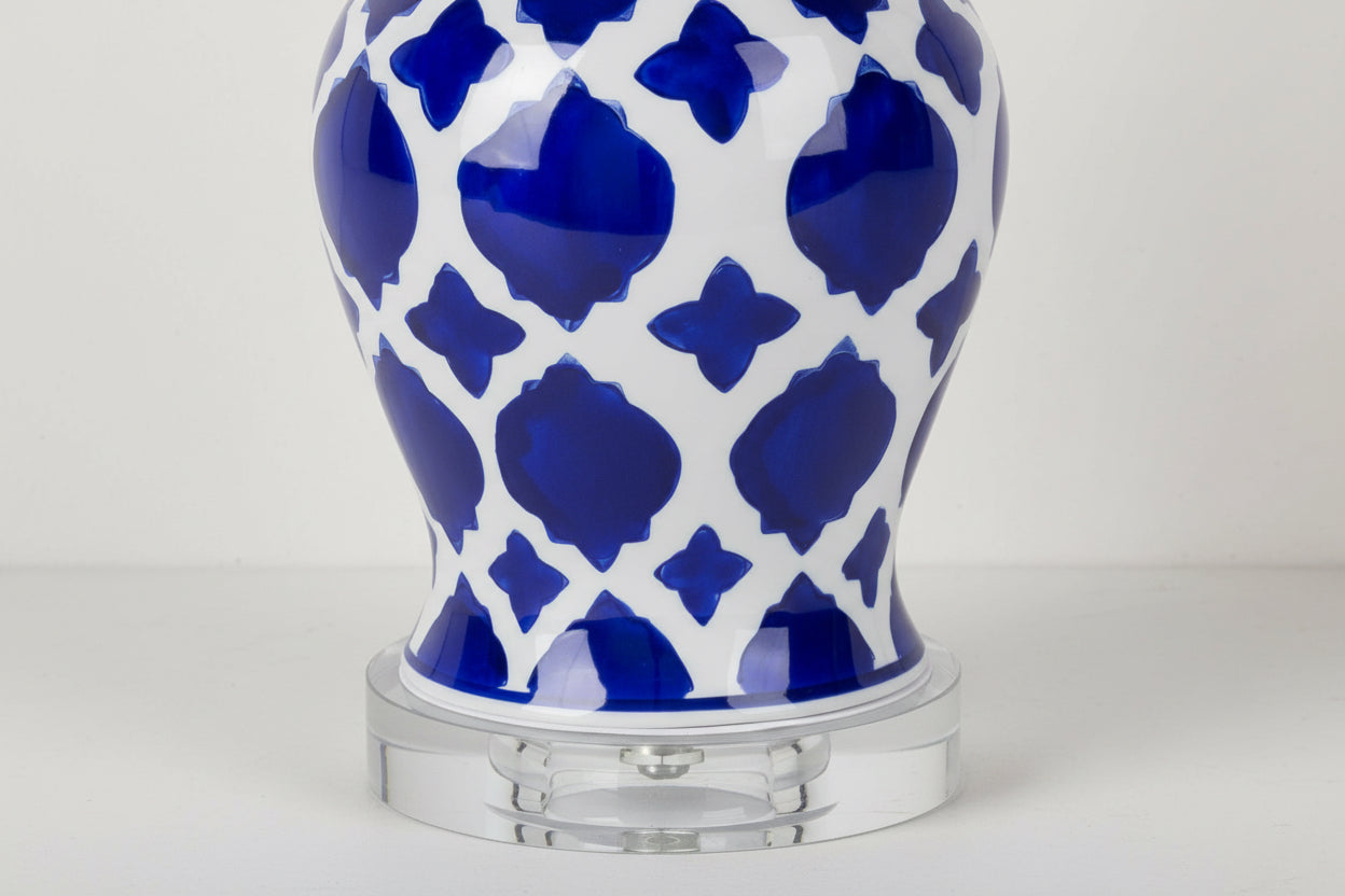 Decorative lamp with blue and white pattern on a white background