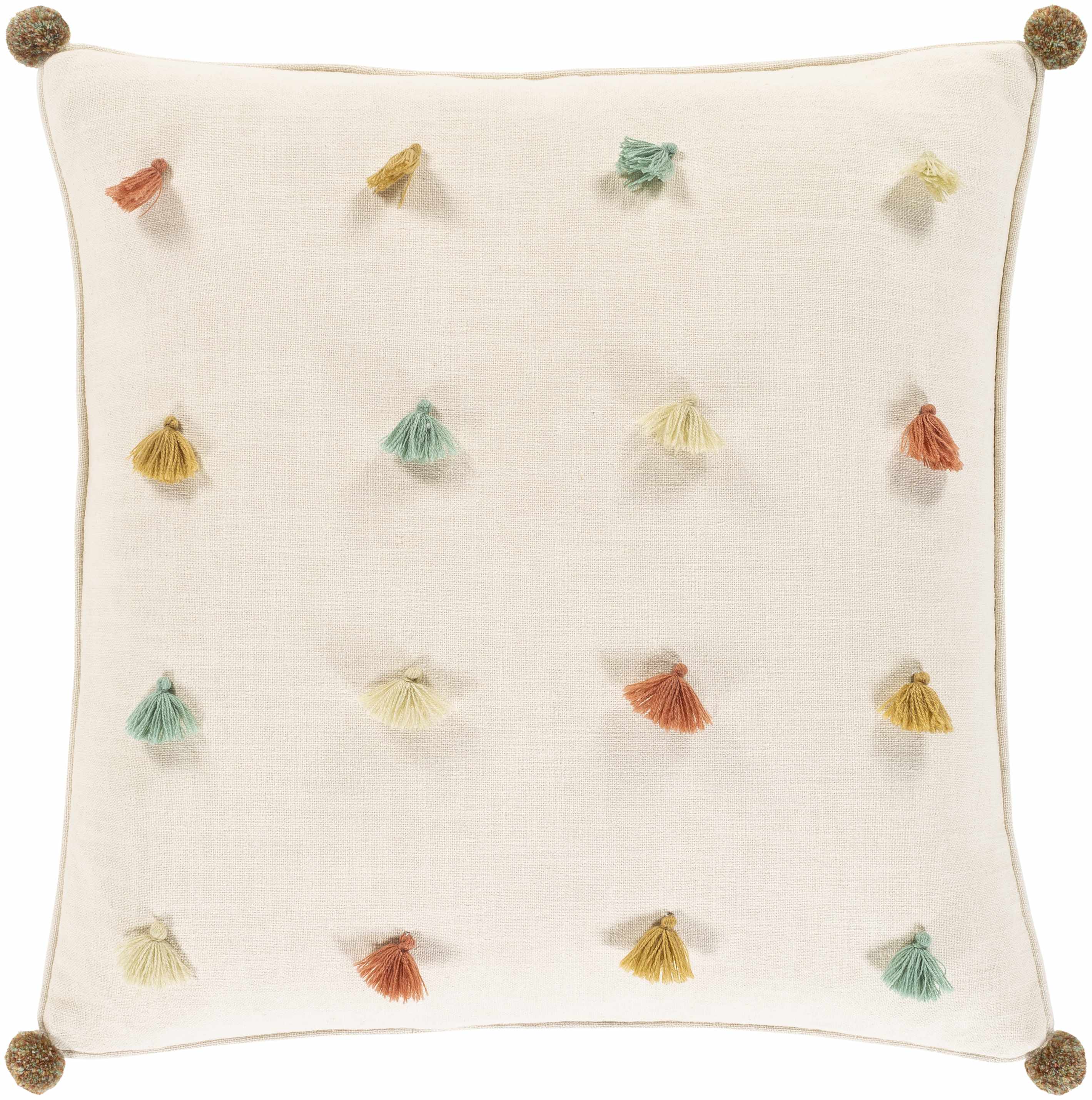 Decorative pillow with colorful tassels on a white background