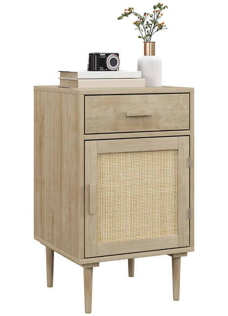Bedside Table, Rattan Side Tables w/ Drawer, Cabinet & Adjustable Shelf, Boho Bedside Cabinet w/ Storage for Bedroom, Living Room | HOMCOM-0