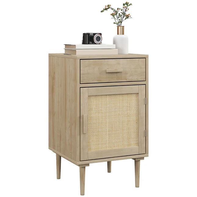 Bedside Table, Rattan Side Tables w/ Drawer, Cabinet & Adjustable Shelf, Boho Bedside Cabinet w/ Storage for Bedroom, Living Room | HOMCOM-0