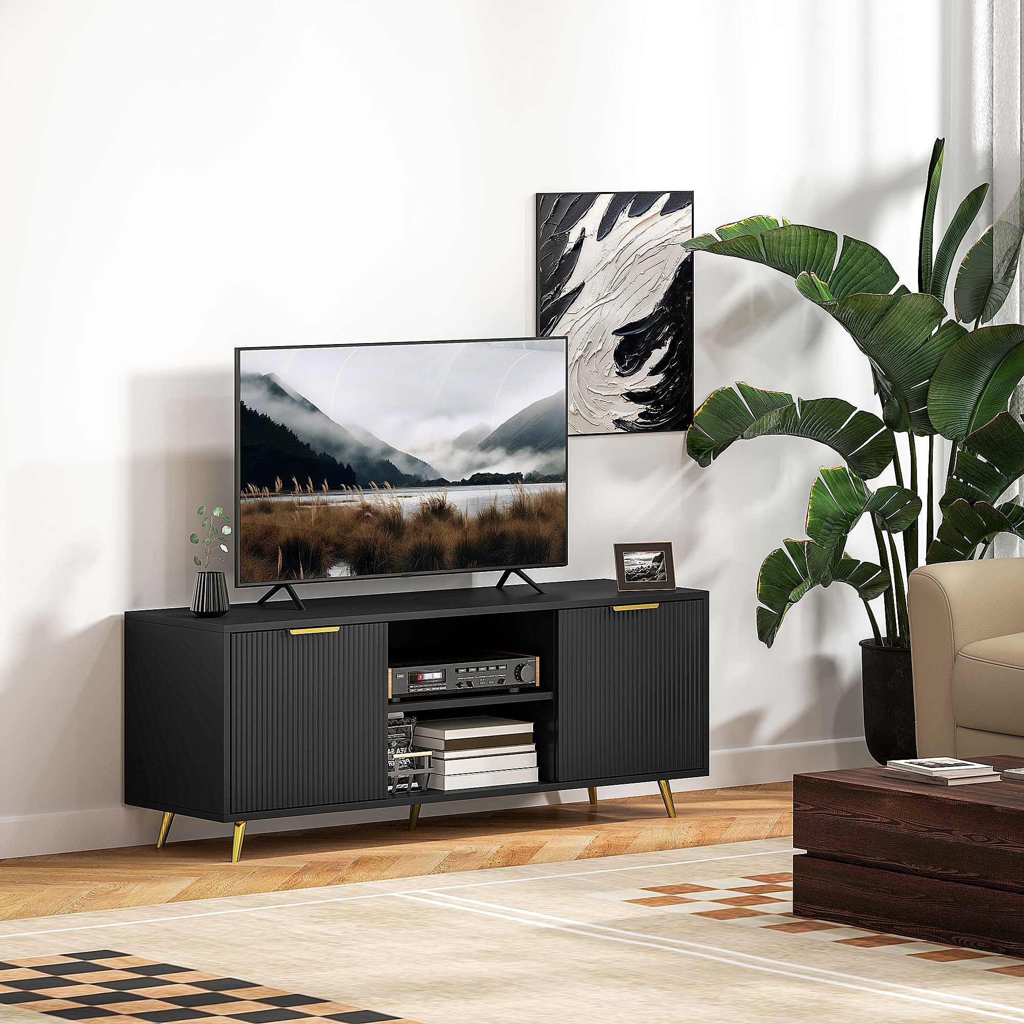 Modern TV Stand Cabinet for TVs up to 55", TV Unit with 2 Open Shelves and 2 Cabinets, Entertainment Centre with Cable Management for Living Room, Black-1