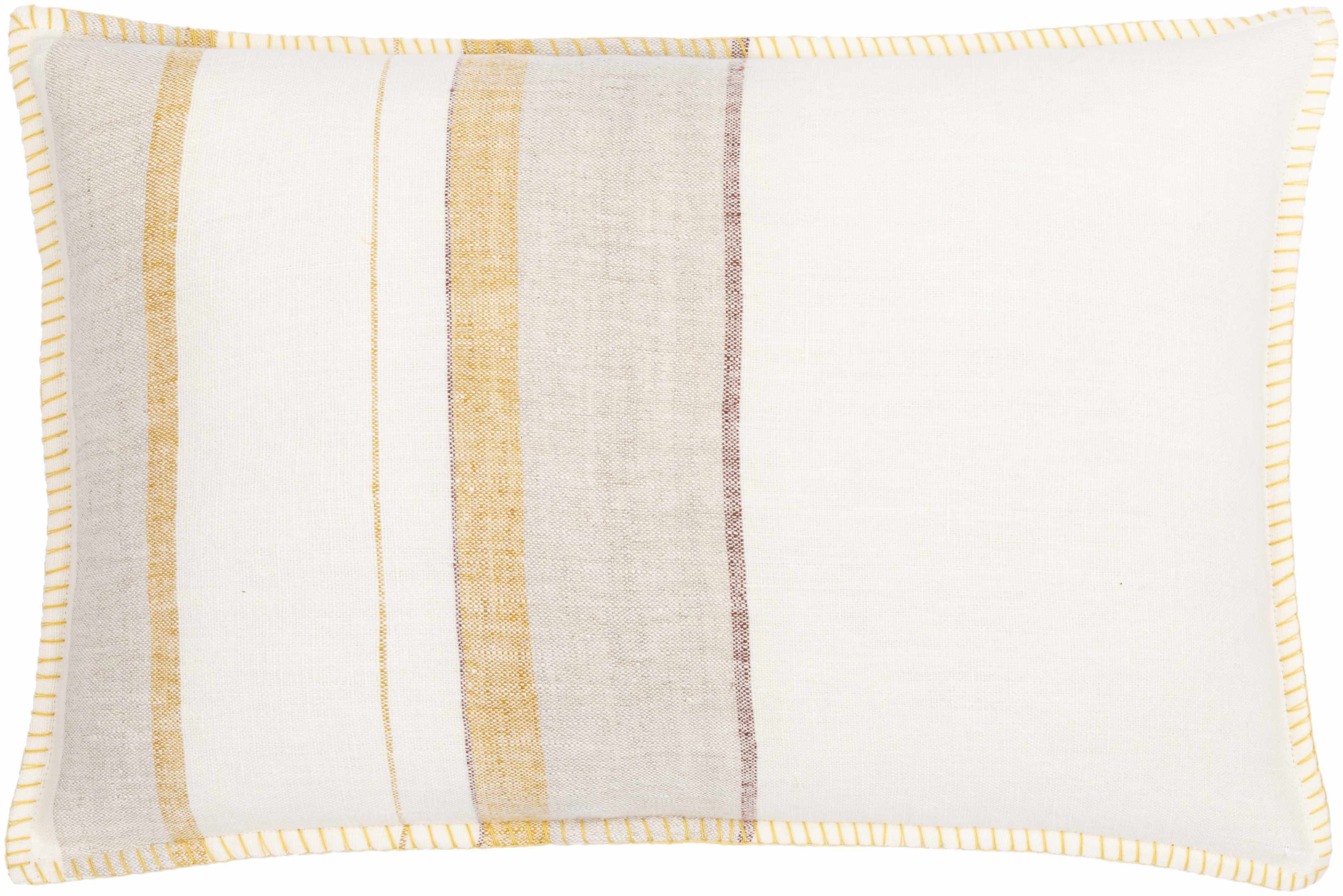Rectangular pillow with white and beige striped pattern on a plain background