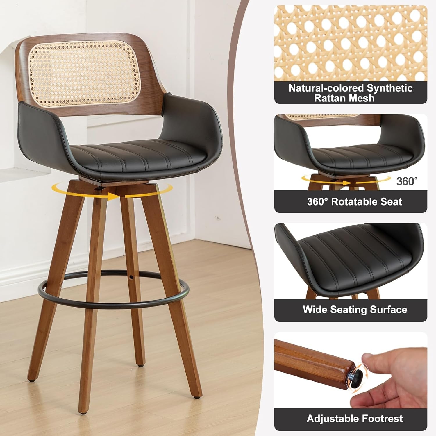 Hardy Haus Rattan Swivel Bar Stools | Counter Height Black 29.7in Set of 3