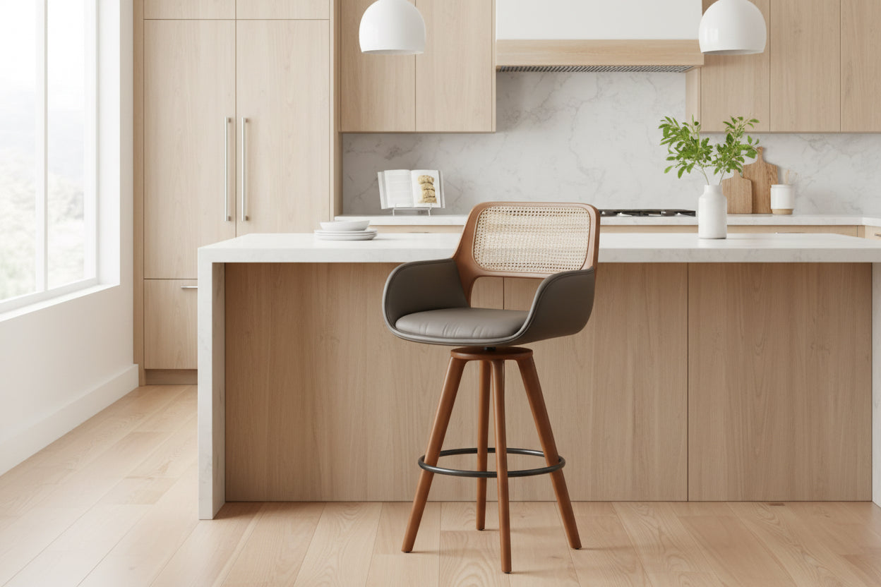 Hardy Haus Rattan Swivel Bar Stools | Counter Height Black 29.7in Set of 3