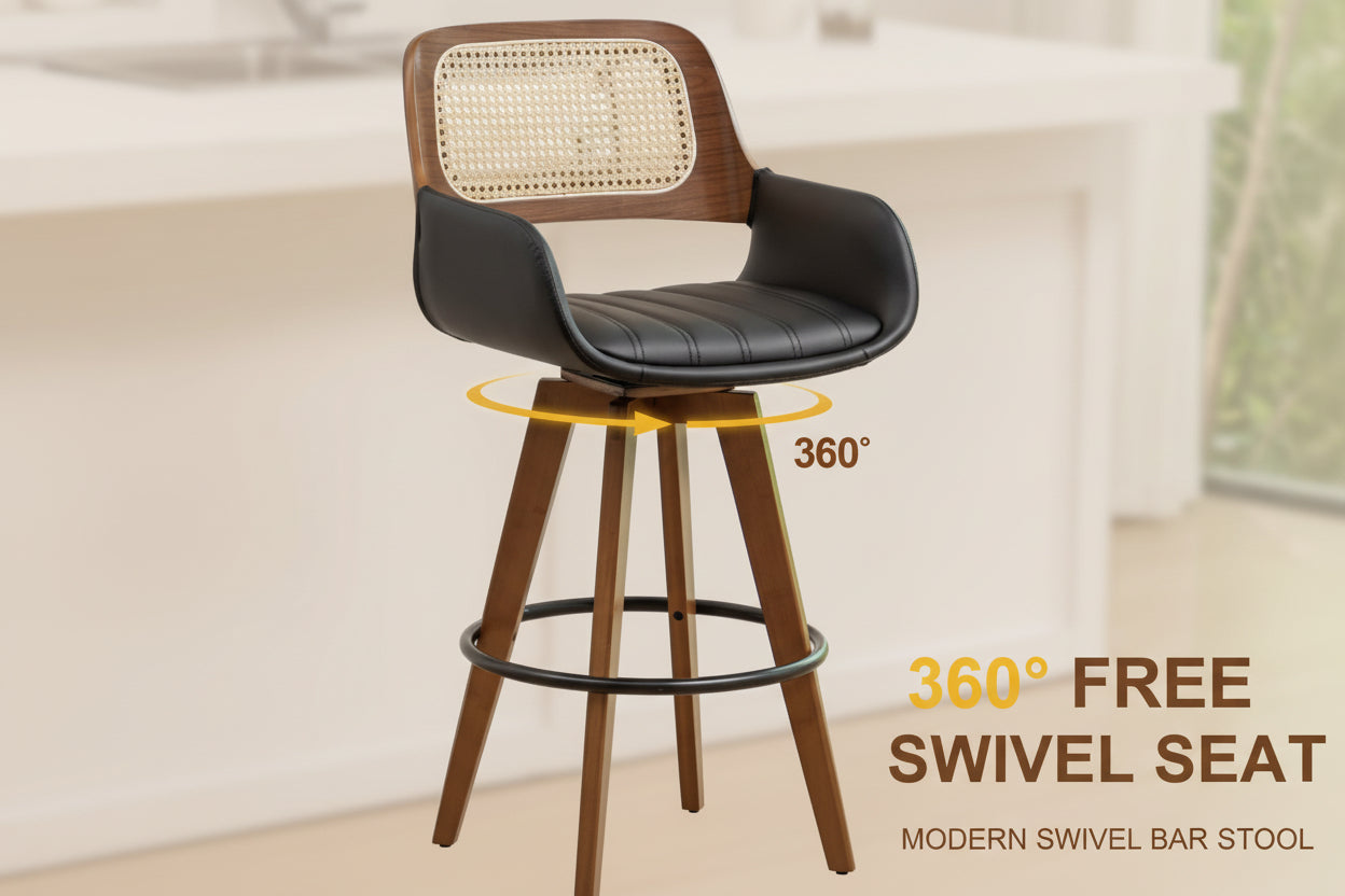 Hardy Haus Rattan Swivel Bar Stools | Counter Height Black 29.7in Set of 3