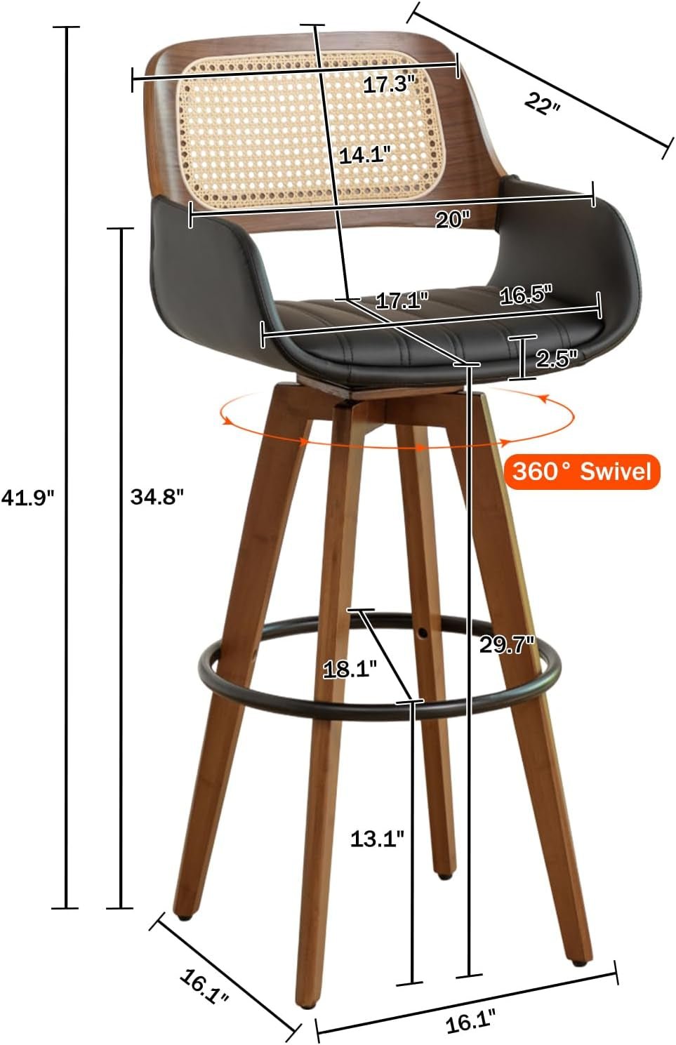 Bar stool with dimensions and features highlighted on a white background