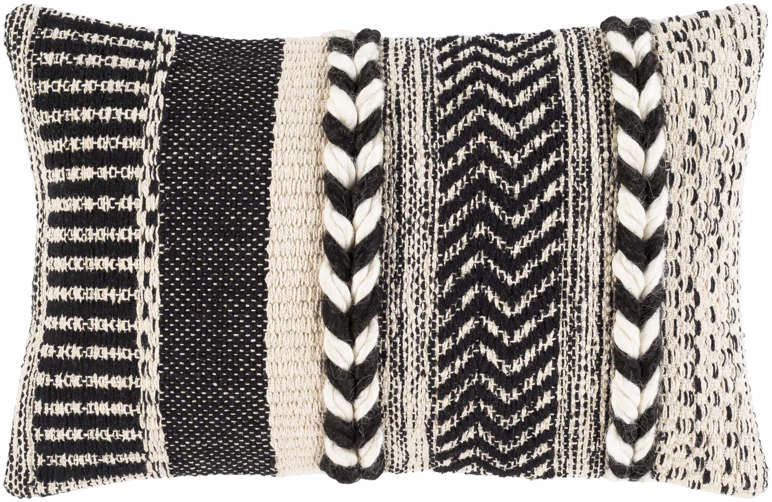 Decorative pillow with black and white patterned design