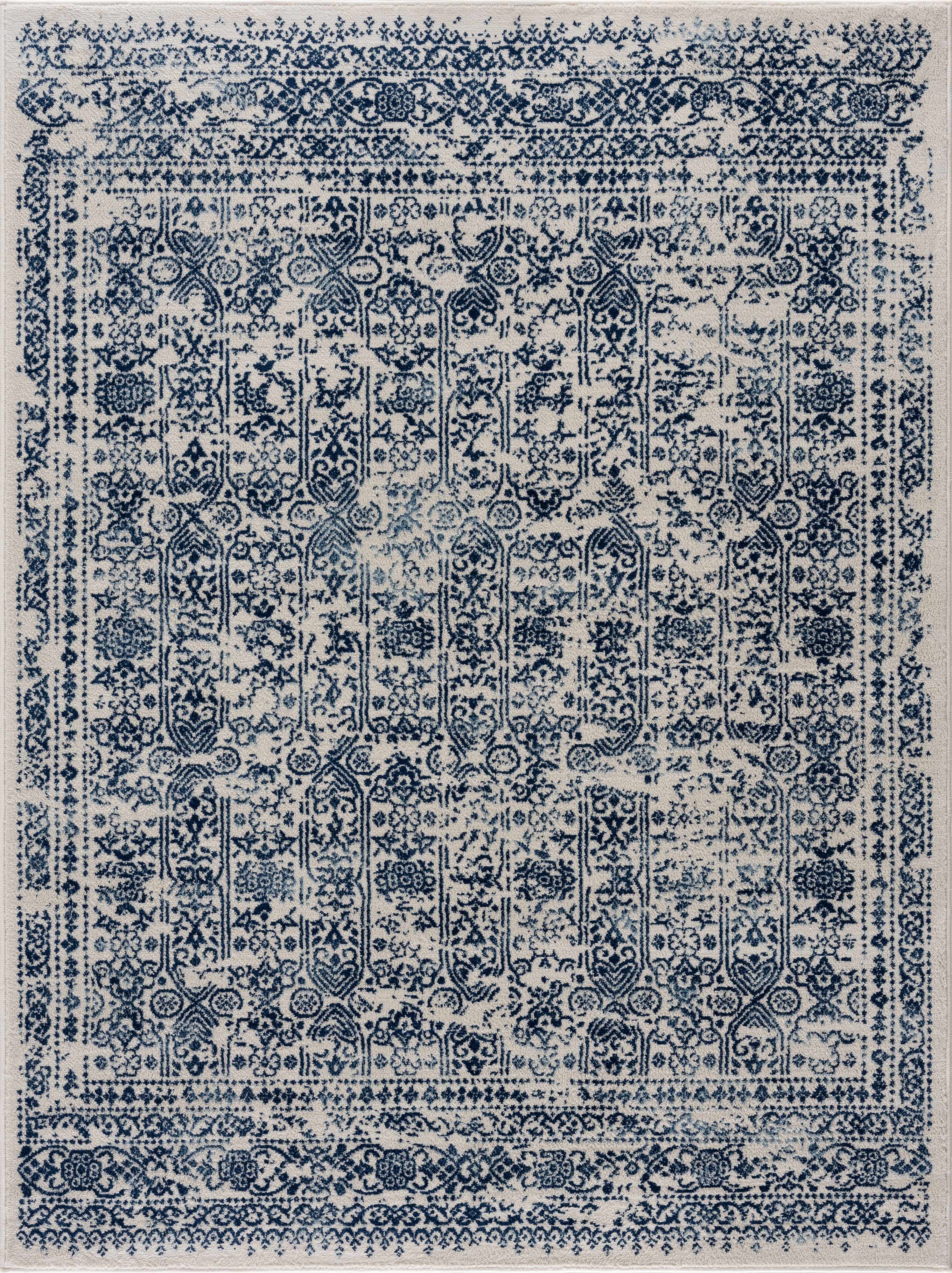 Decorative rug with intricate blue and beige pattern
