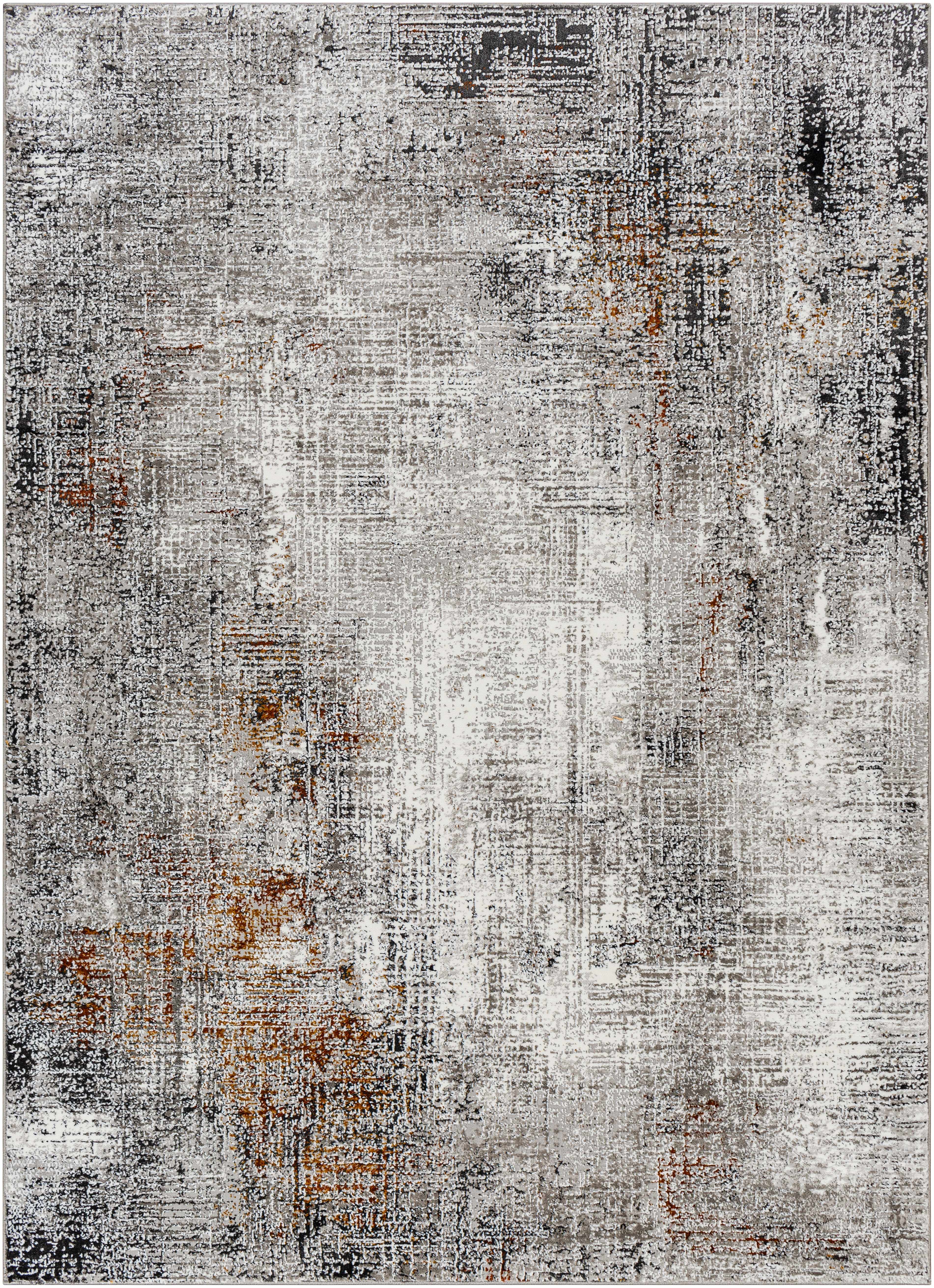 Textured area rug with abstract pattern in gray, brown, and white
