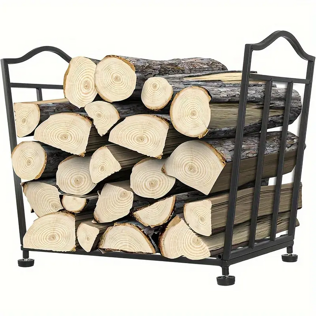 Black metal firewood rack with stacked logs on a white background