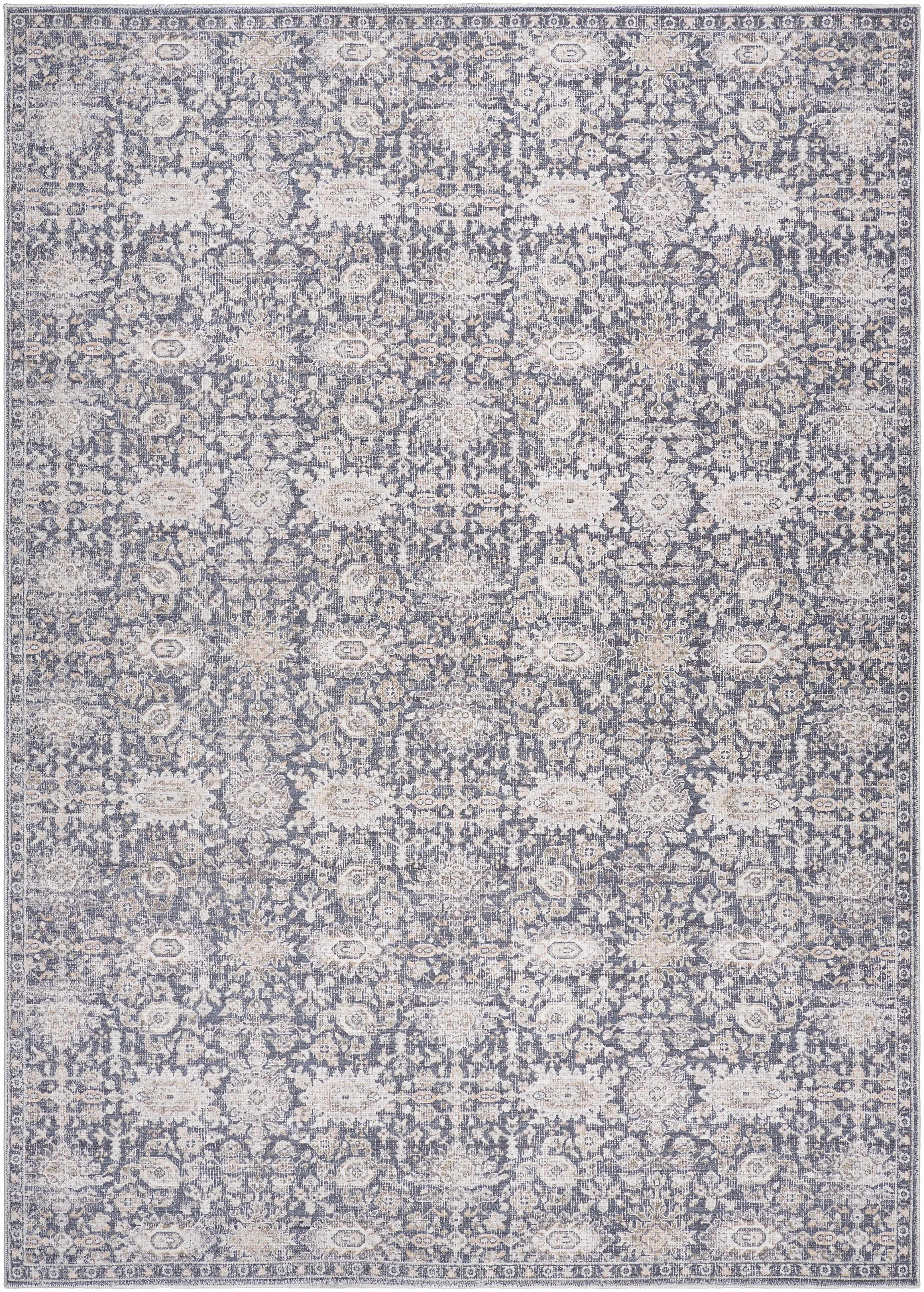 Patterned rug with floral design in gray and beige tones