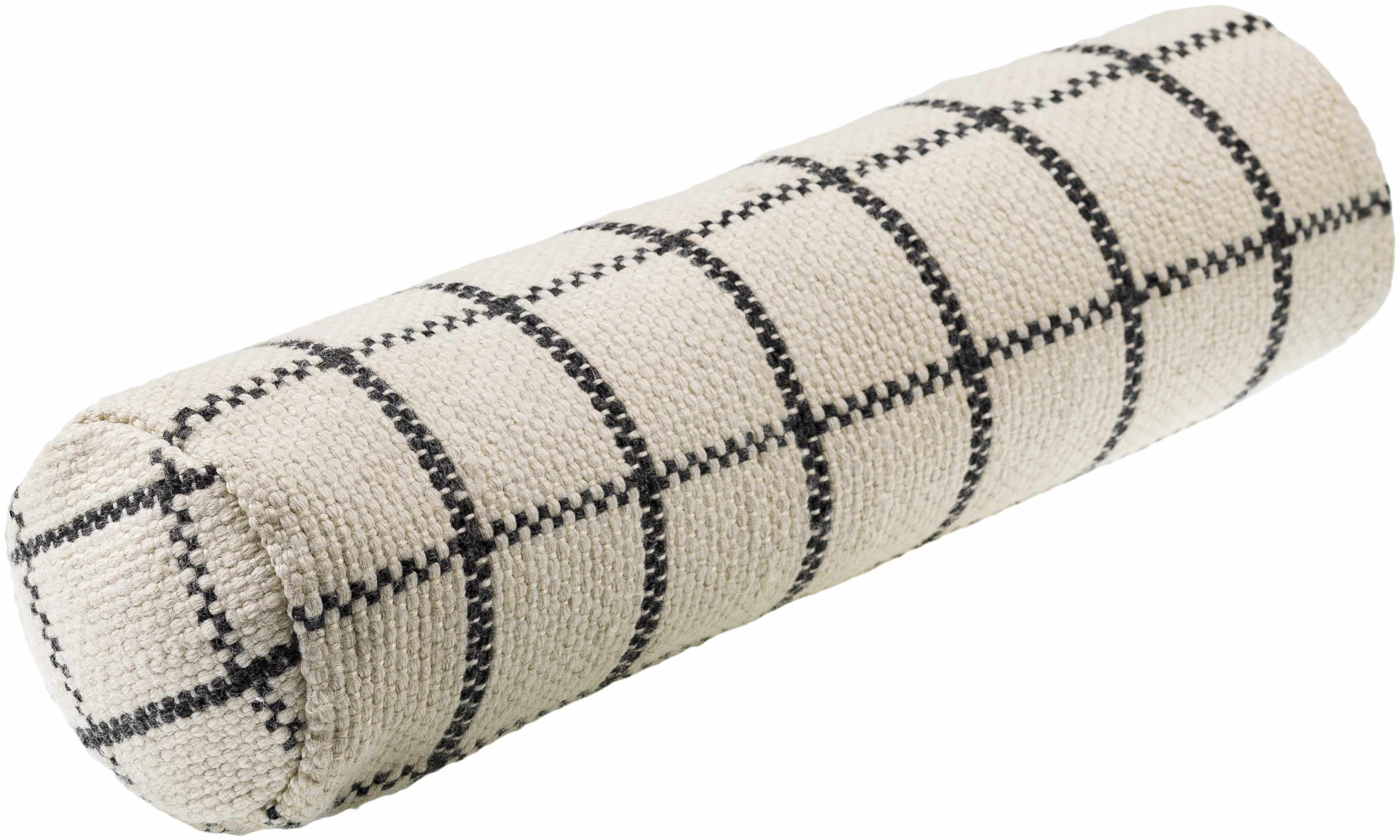 Cylindrical pillow with black checkered pattern on a white background