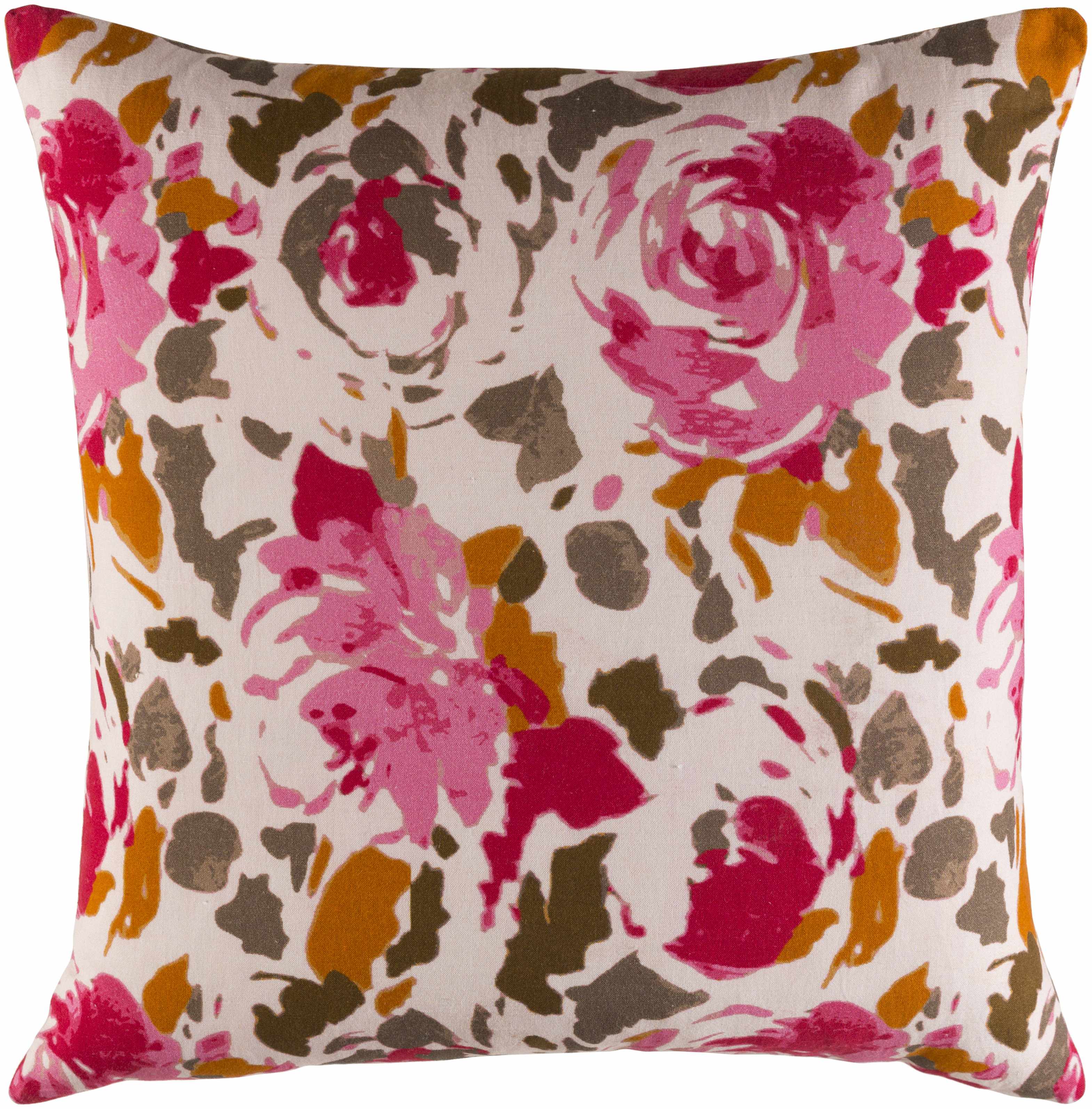 Floral patterned pillow with pink, orange, and brown colors on a white background