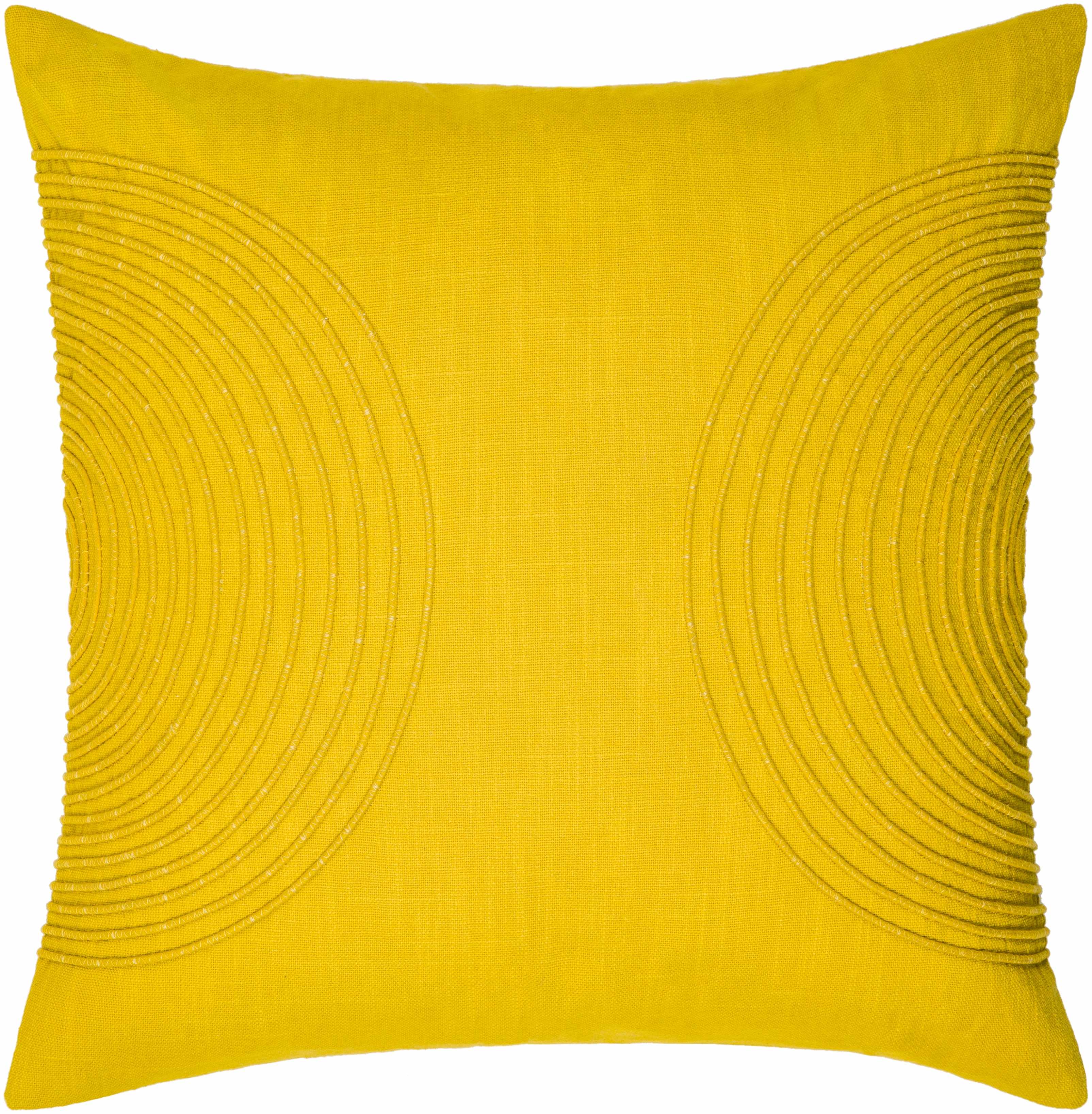 Yellow pillow with circular patterns on a white background